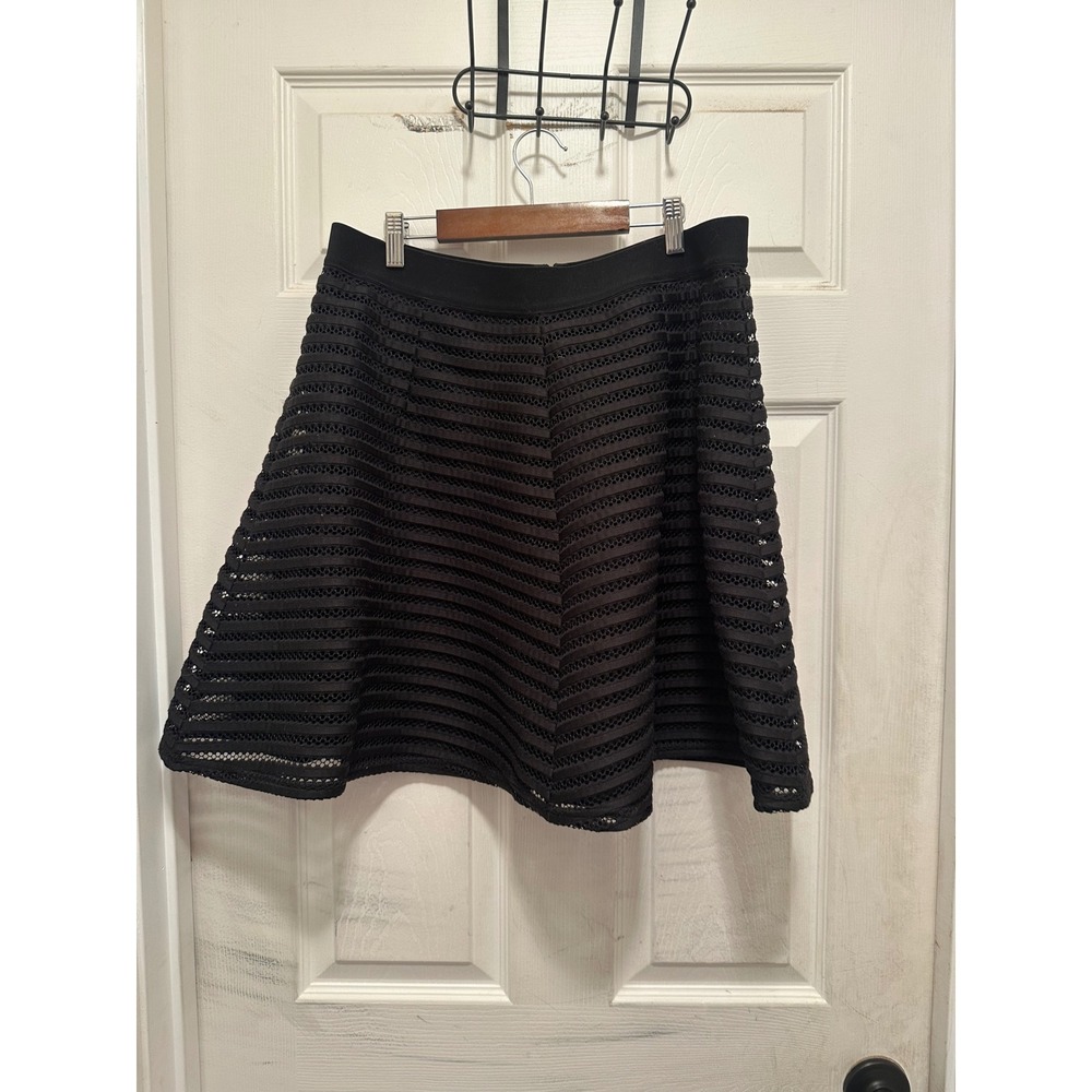 Black Mesh Stripe Overlay Skater Skirt A-Line Mini High Waisted Large Goth